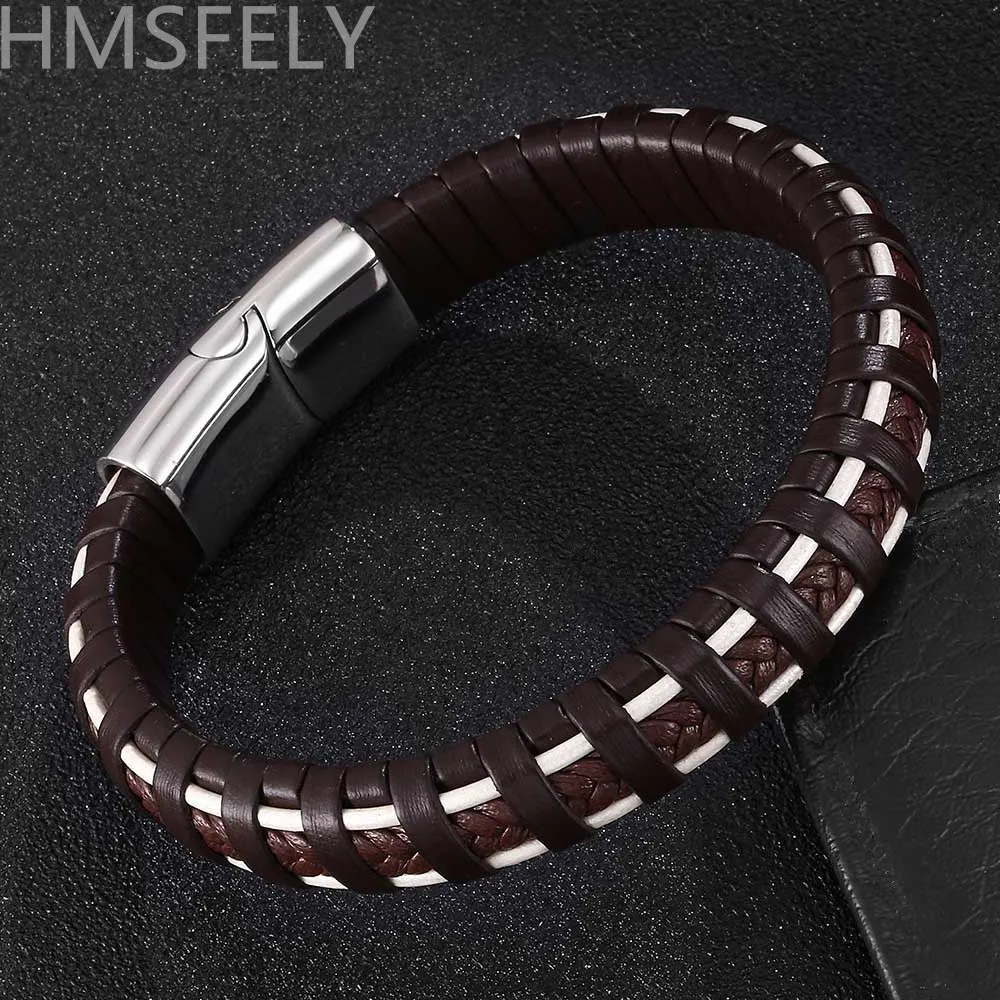 HMSFELY Handmade Men's Super Fiber Leather Bracelet Simple Style Black Brown Bracelets & Bangles For Men Magnetic Clasp Jewelry |