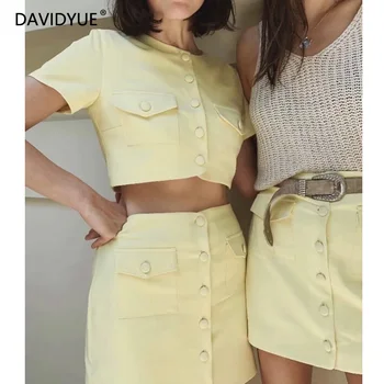 

Blouse women skirt sets yellow ladies crop tops elegant short skirts streetwear korean fashion set clothing summer 2020