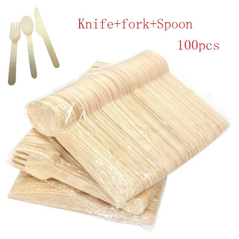 

100pcs Wooden Forks Spoons Cutters Set Disposable Wood Cutlery Utensils Tableware for Dinner Barbecue
