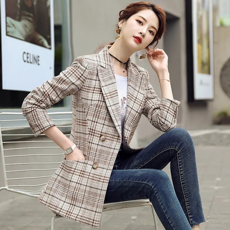

New Style for Autumn and Winter Plaid Suit Jacket Women's Mid-Length Stylish British-Style Casual Retro Graceful Top Blazer