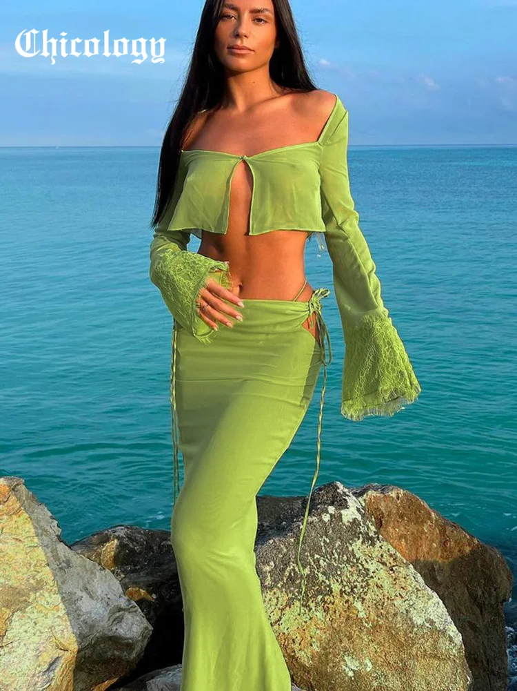 

Chicology 2021 Women Lace Patchwork Crop Tank Top Midi Bodycon Fashion Skirts Green 2 Two Pieces Fashion Streetwear Sets