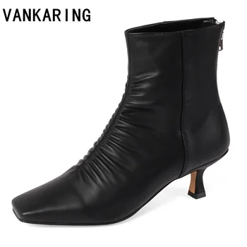 

fashion pleated luxury women spike high heels fetish sock boots soft leather block black heels ankle boots scarpins dress autumn