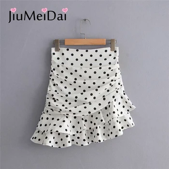 

JiuMeiDai Dot Printed Women Short Irregular Skirt Female Vintage New Spring Ruffles Skirts Party Beach Good Quality Clothing