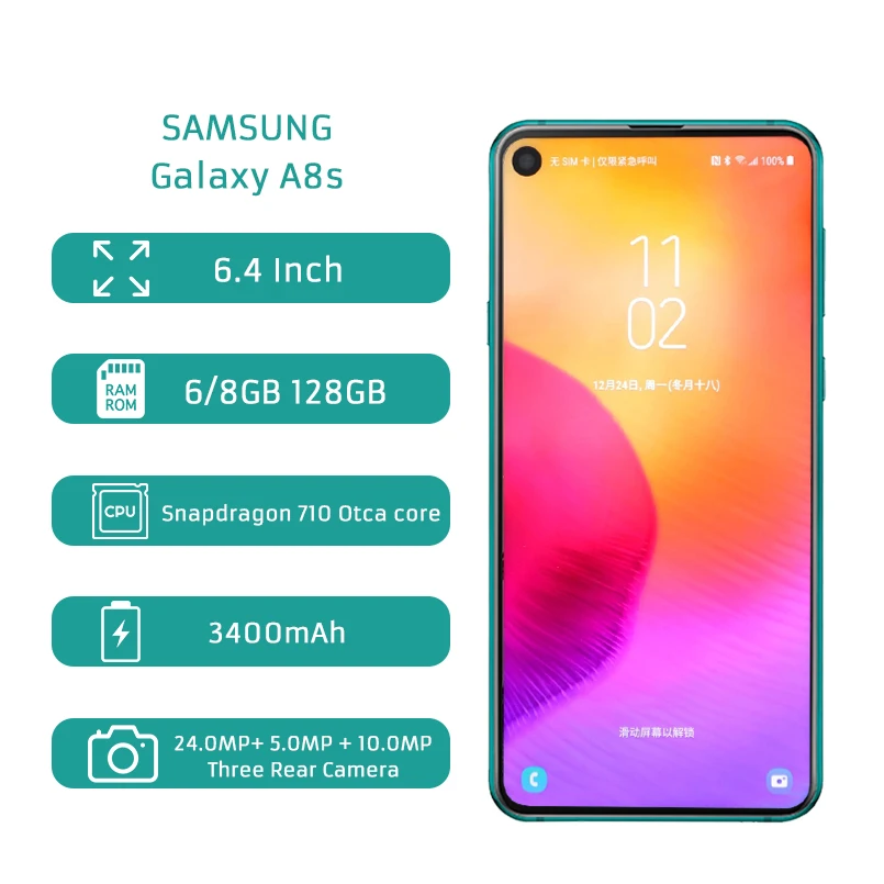 Смартфон samsung Galaxy A8s, 6,4 дюймов, процессор Snapdragon 710 Otca core, 6 ГБ, 128 ГБ, три камеры заднего вида, с функцией распознавания лица, NFC, Android, 4G, мобильный телефон