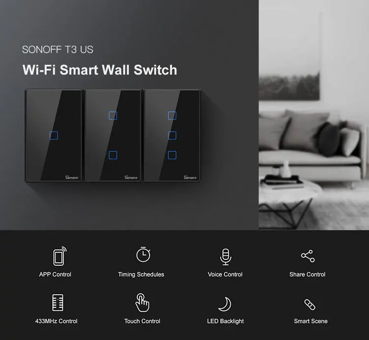 Интеллектуальный выключатель света SONOFF T3 Smart Wi-Fi настенный светильник нам переключатель черный 120 Тип на границах 1/2/3 433 RF/приложение/сенсорный экран Управление работает с Google Home