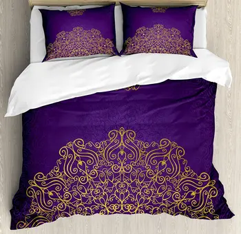 

Mandala Duvet Cover Set Vintage Ornament with Eastern Ottoman Motifs Revival Swirling Design 3 Piece Bedding Set Purple Yellow