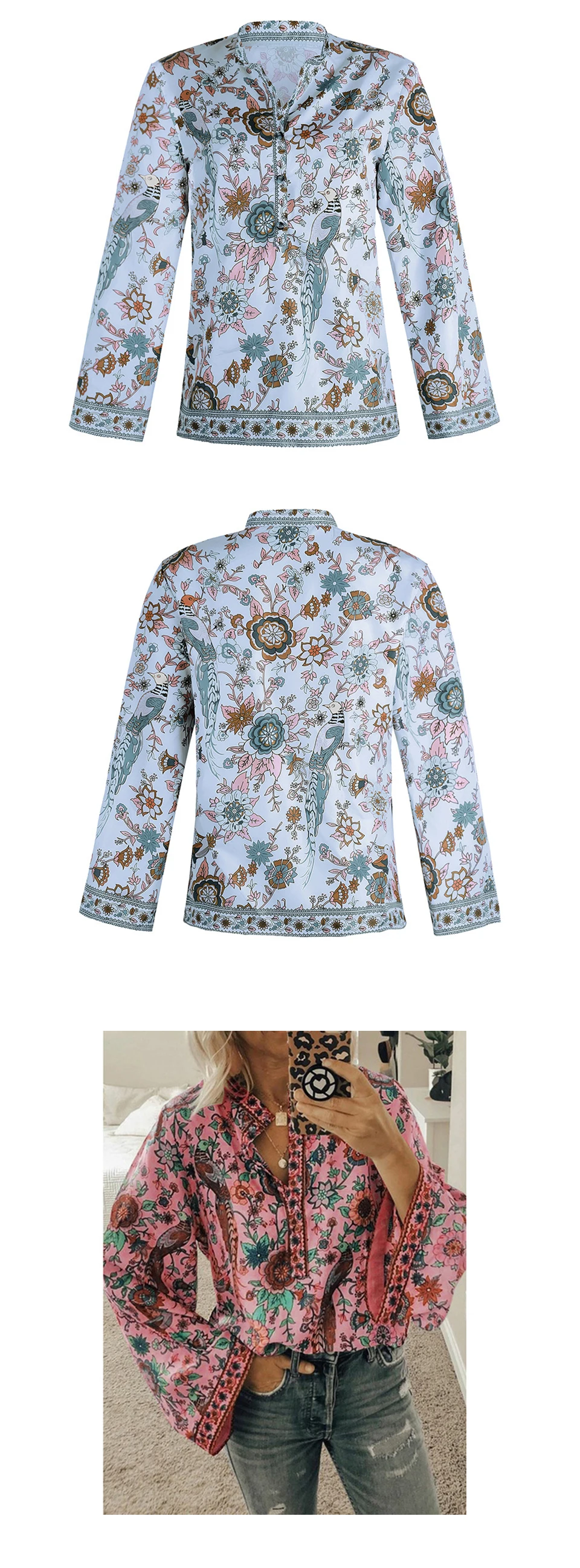 CINESSD-blusas estampadas informales para mujer, Tops holgados con cuello de pico, mangas largas, botones, talla grande, 2020