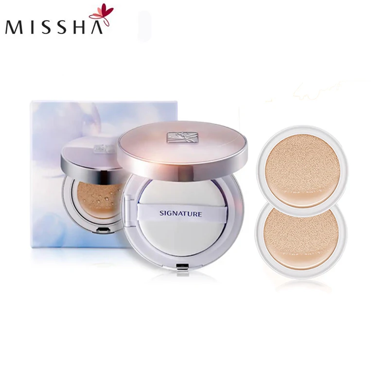 MISSHA Signature Essence Cushion Set Especial, Fundação de Maquiagem Impermeável, Korean Air CC Cream, 14g +( Refill14g * 2), SPF50 + PA +++