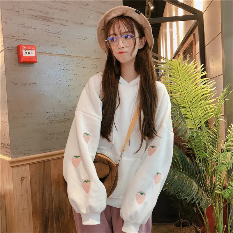  Merry Pretty Korean Fashion Ulzzang Hooded Sweatshirt Women Steawberry embroidery Oversized Warm Fl