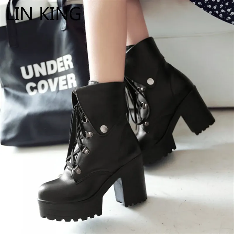 

LIN KING Women Winter Boots Snow Boots Waterproof Warm Fur Lace Up Platform Boots Punk High Heel Round Toe Short Boots Big Size