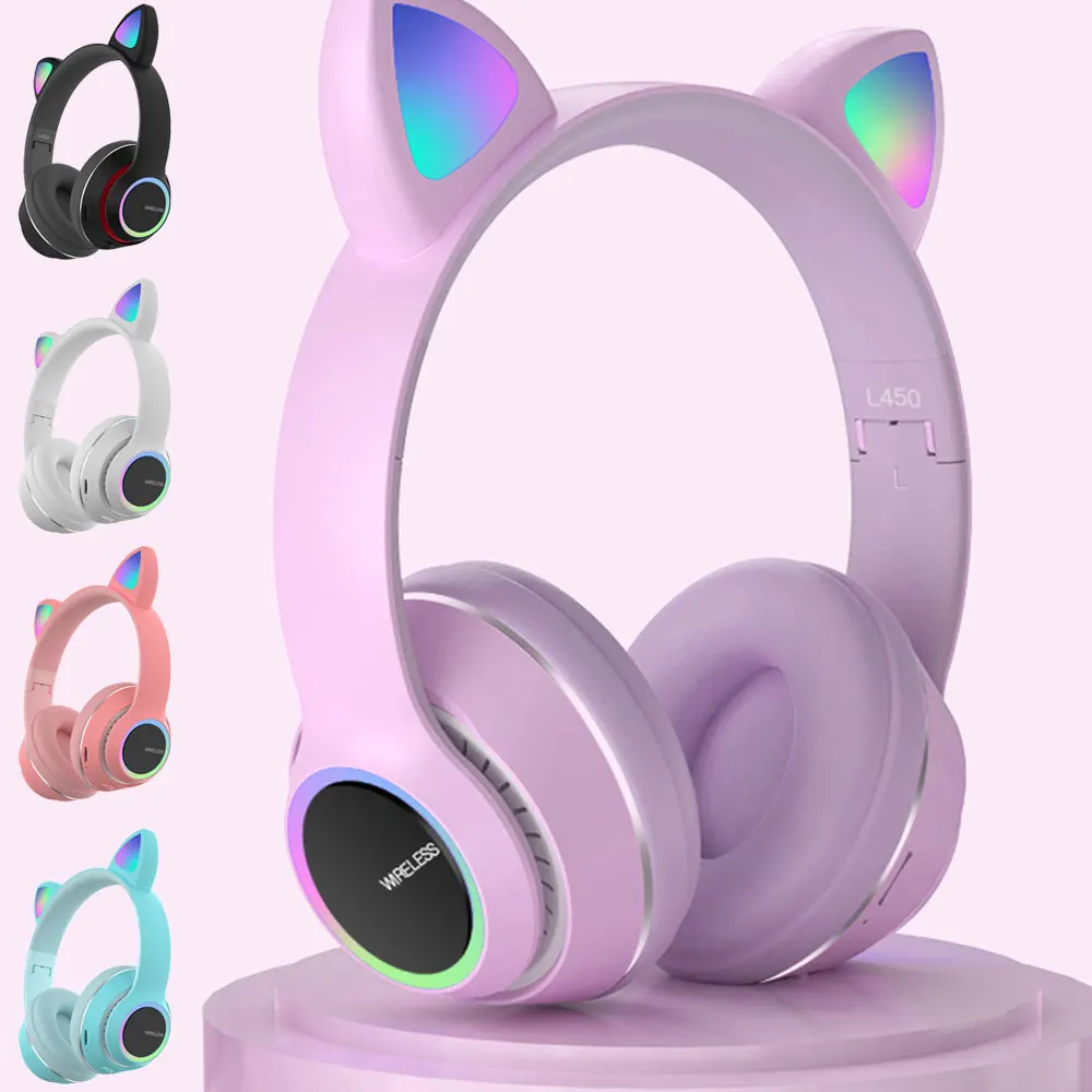 MS Led Lights Cat Ear Headset Wireless Foldable Control Volume Tf Card 3.55Mm Port Headphones Children'S Day Gifts | Электроника