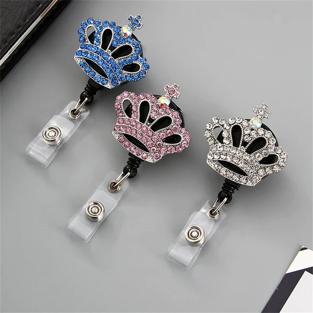 Lovely Diamond Crown Retractable Rotation Nurse Easy-pull Badge Reel Clip  Rhinestone Badge Holder Students Doctor