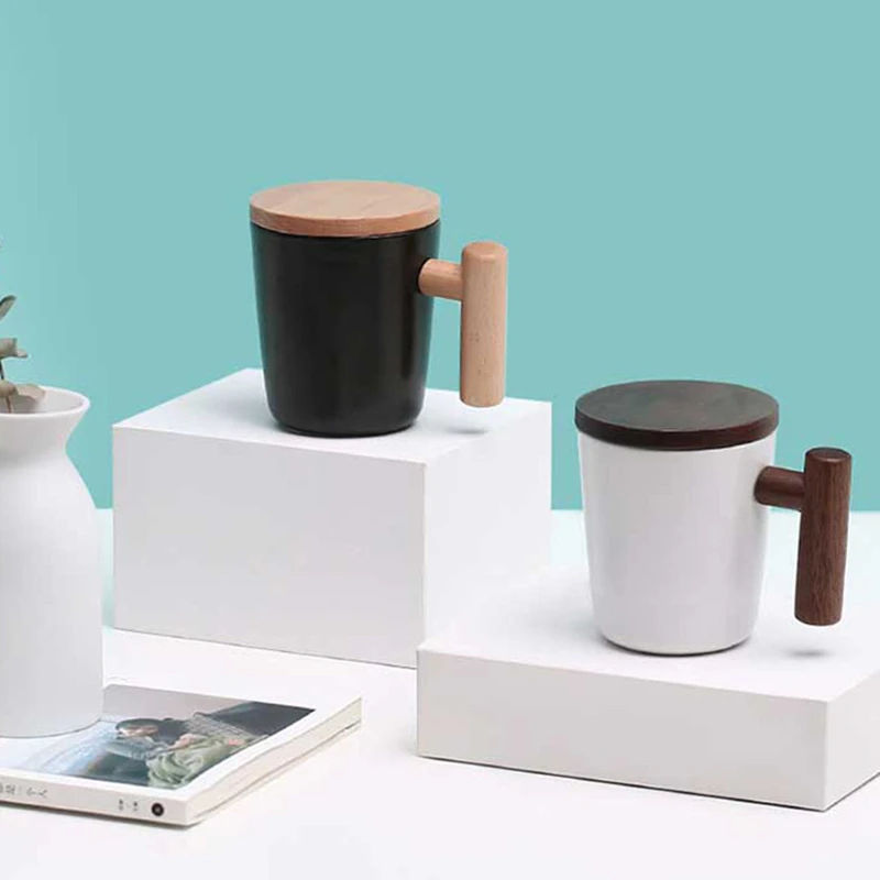 

300ML Creative Ceramics Mugs TeaCups Couple Cups With Wooden Lid Handle For Milk Coffee In Home Office Individuality As A Gift