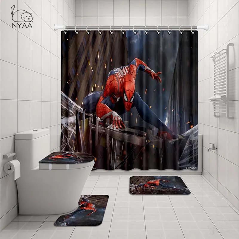 NYAA 4 шт Человек-паук занавеска для душа пьедестал коврик крышка унитаза коврик для ванной набор ковриков для ванной комнаты декор - Цвет: NY20175