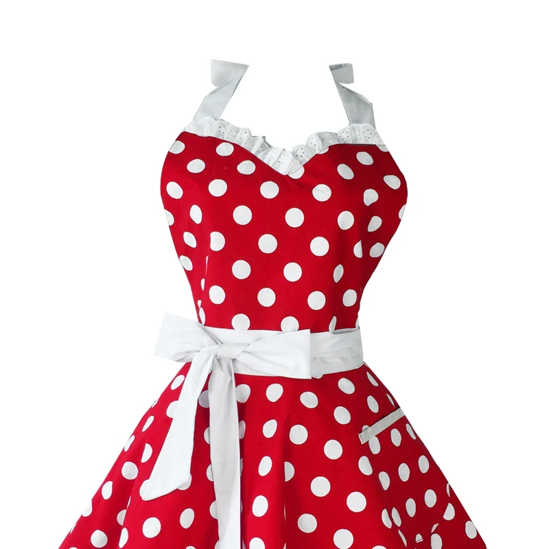 NEW-Lovely Sweetheart Red Retro Kitchen Aprons Woman Girl Cotton Polka Dot Cooking Salon Vintage Apron Dress Christmas