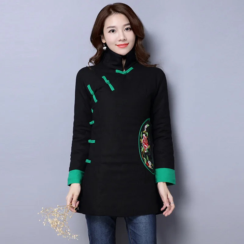 

2019 Winter New Style Retro Frog Embroidery Cotton-padded Clothes Chinese Style WOMEN'S Dress Mid-length Thick Coat Ethnic-Style