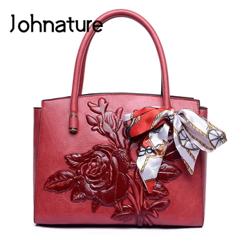 

Johnature 2020 New Fashion Designer Bag Embossed Women Leather Handbag Large Capacity Luxury Shoulder Bags Floral Casual Tote