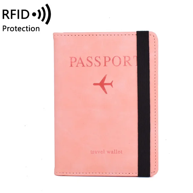 Elastic Band Leather Passport Cover RFID Blocking For Cards Travel Passport Holder Wallet Document Organizer Case Men Women pink