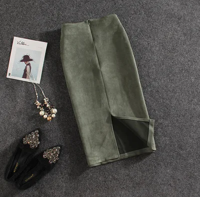 Офисная Женская замшевая Однотонная юбка-карандаш, Женская Весенняя Осенняя базовая юбка с высокой талией, облегающая юбка до колена с разрезом - Цвет: Зеленый