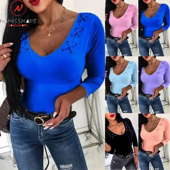 

Elegant Women Long Sleeve T-Shirts for Streetwear Patchwork Eyelet Wearing Rope Design O-Neck Solid Autumn Slim Pullovers Top