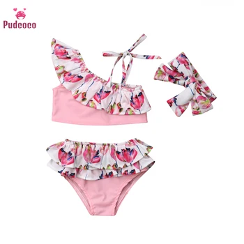 

6M-4T 2020 Two Piece Baby Girls Swimwear Flower Print Girl Swimsuit Ruffle One Shoulder Swimming Suit For Kid Girls