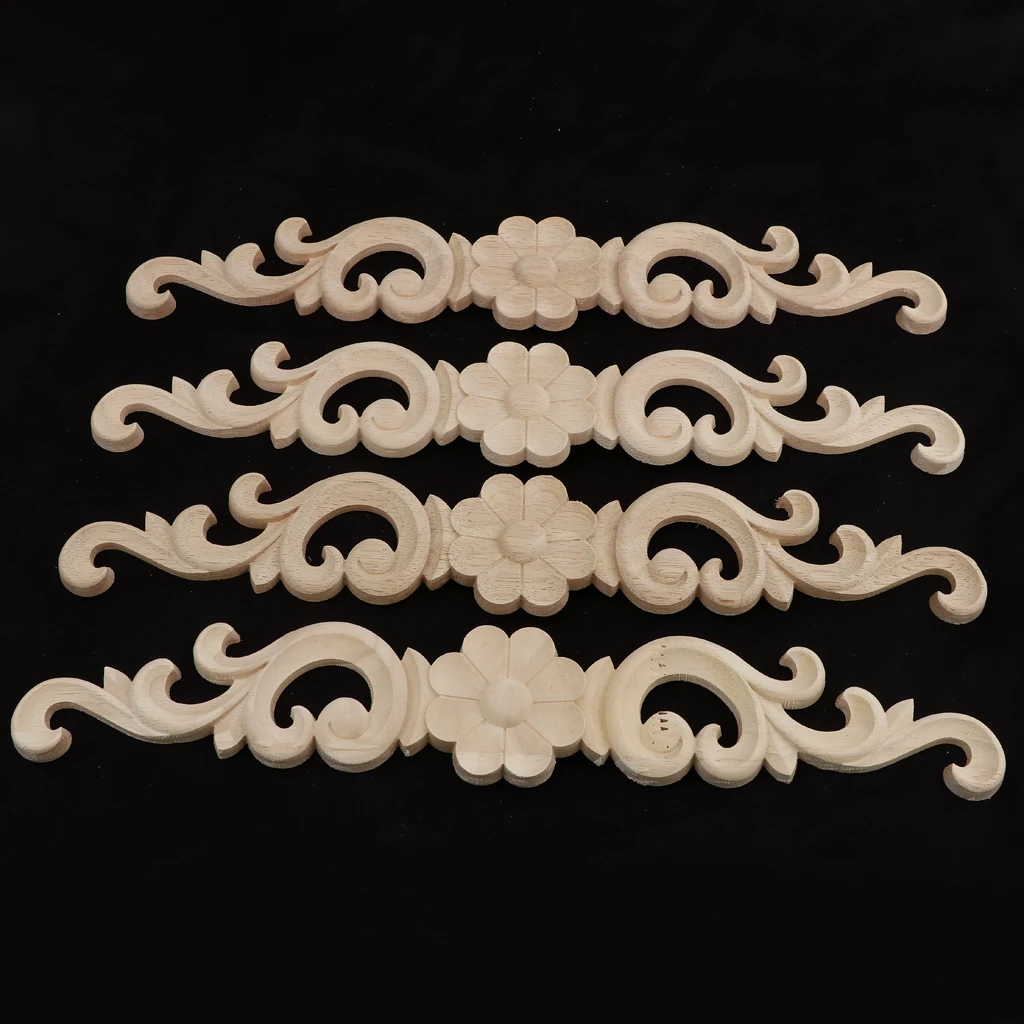 4pc Wood Carved Onlay Applique Craft Unpainted Furniture Home Decoration Crafts