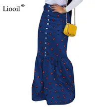 Liooil, синяя джинсовая сексуальная Длинная юбка с принтом, женская одежда, уличная мода, на пуговицах, бодикон, высокая талия, макси юбки для женщин, s
