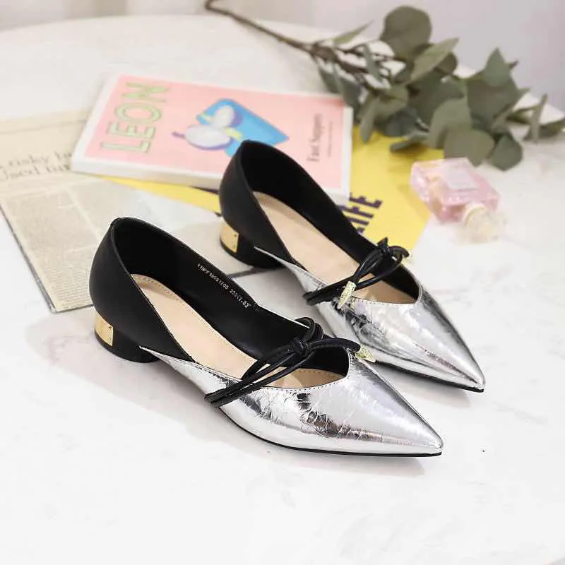 

2019 Pointed Toe Shoes Women Designer Full Grain Leather Low Square Heels Summer Shoes Bow Tie Slip on Shoes