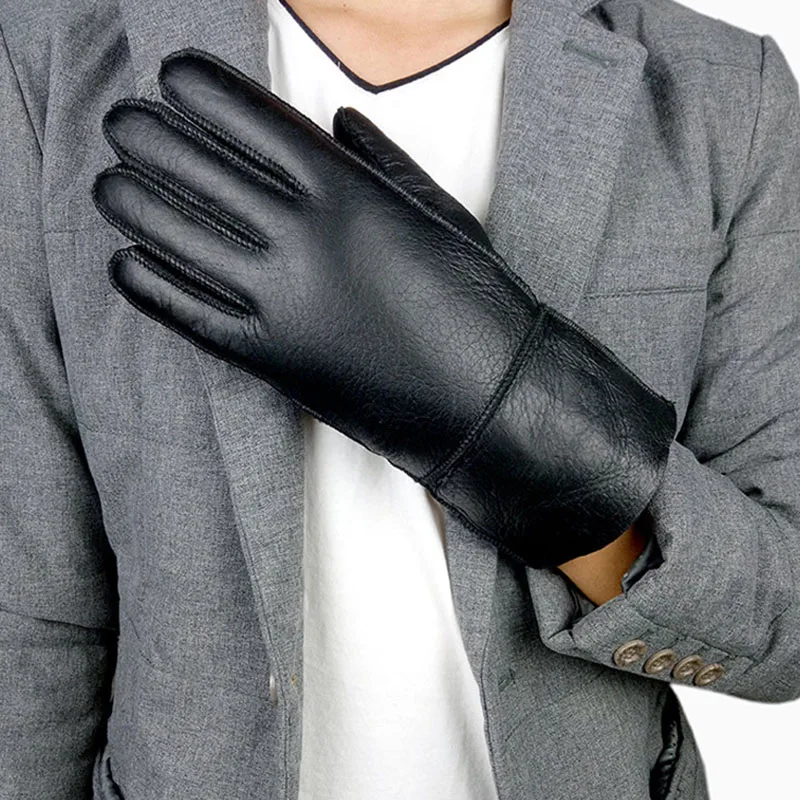 Men Winter Gloves Genuine Sheep Fur Thermal Goat Fur Cashmere Real Leather