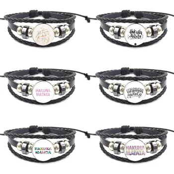 

Zgbywsjz Hakuna Matata Inspirational Kids Jewelry With Glass Cabochon Black Leather Bracelet Bangle For Women Party