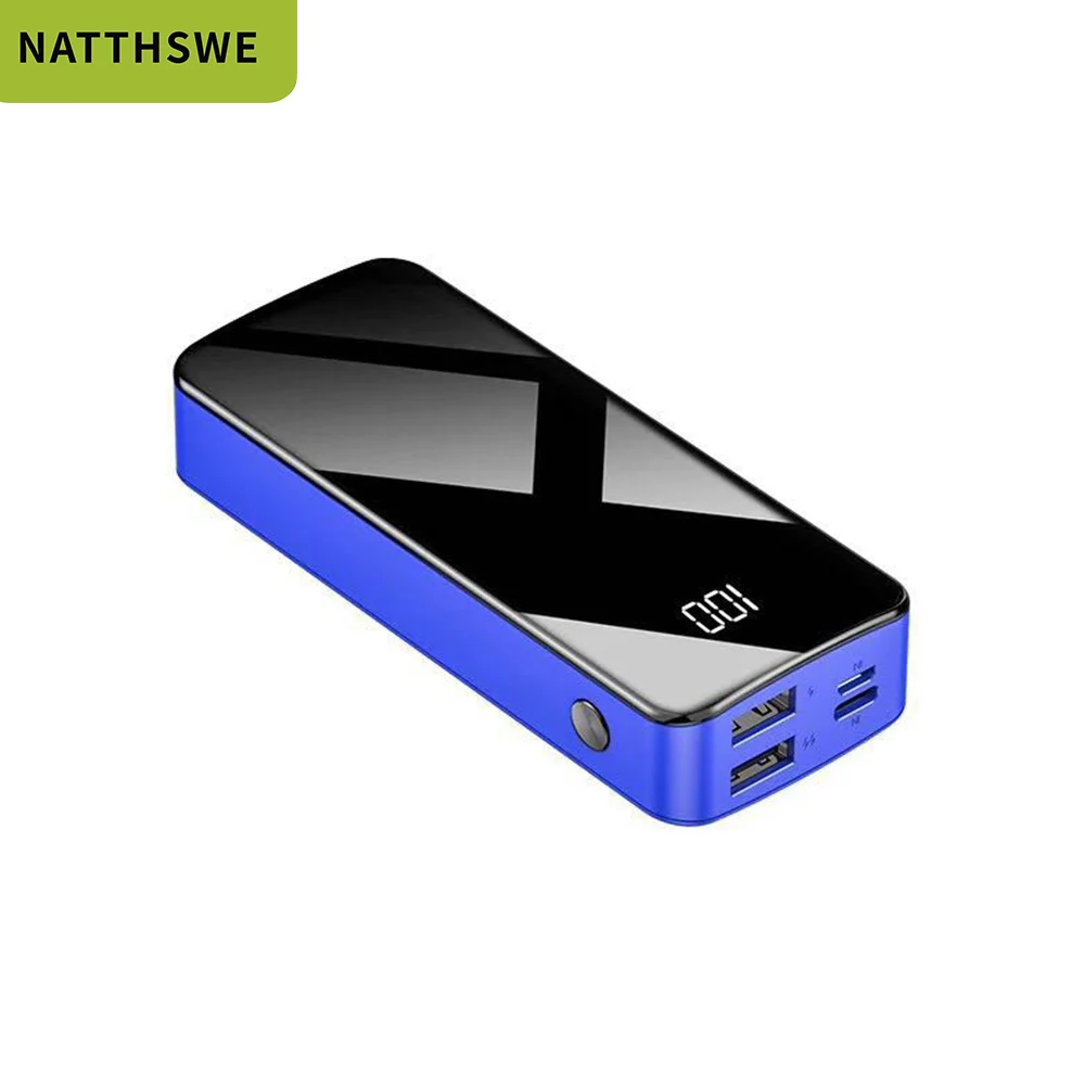 Blue NATTHSWE зеркальный цифровой дисплей 20000 мАч большой емкости мобильный внешний аккумулятор с двумя выходными портами USB Mirco USB и type-c вход - Цвет: Blue