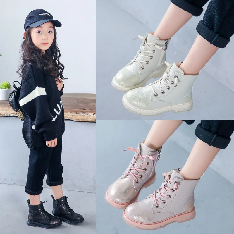 

Winter Plus Cotton Warm Kids Girls Boots PU Leather Lace Up Kids Martin Boots Comfort Non Slip Children Ankle Boots Size 26-37
