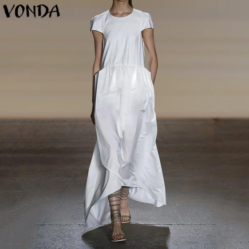 Модное белое платье 2020 VONDA Летнее Длинное Платье макси с круглым вырезом коротким