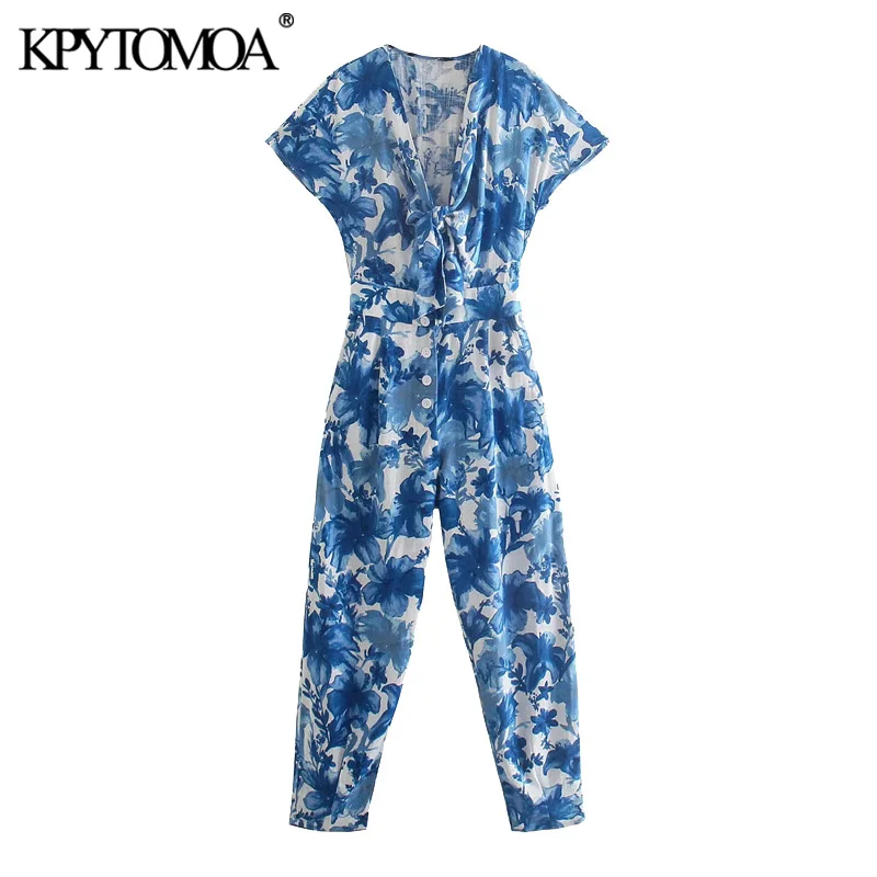 KPYTOMOA Women 2021 Chic Fashion With Bow Tied Floral Print Jumpsuit Vintage Short Sleeve Elastic Waist Female Playsuits Mujer |
