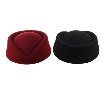 

2pcs New Elegant Wool Felt Pillbox Stewardess Air Hostesses Beret Hat Party Base Cap - Wine Red & Black