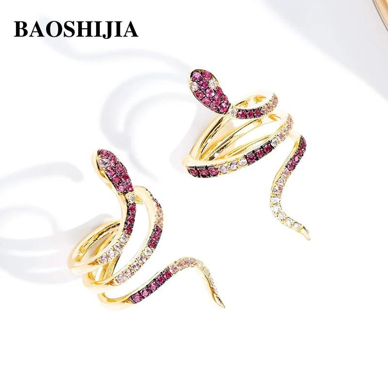 BAOSHIJIA Solid 18k Yellow Gold Snake Ear Clip Women‘s Unique Earrings Pink Sapphire Diamond Stud Fashion Single