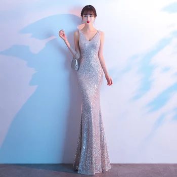 

Evening Dresses For Girls Silver Sequined Shining Tank Sleeveless Formal Evening Gowns Mermaid Long Elegant Evening Dress K091
