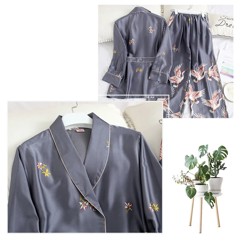 Print-Floral-Crane-Grey-Rayon-Women-2PCS-Shirt-pant-Home-Wear-Casual-Lounge-Sleepwear-Nightgown-Pajamas (4)