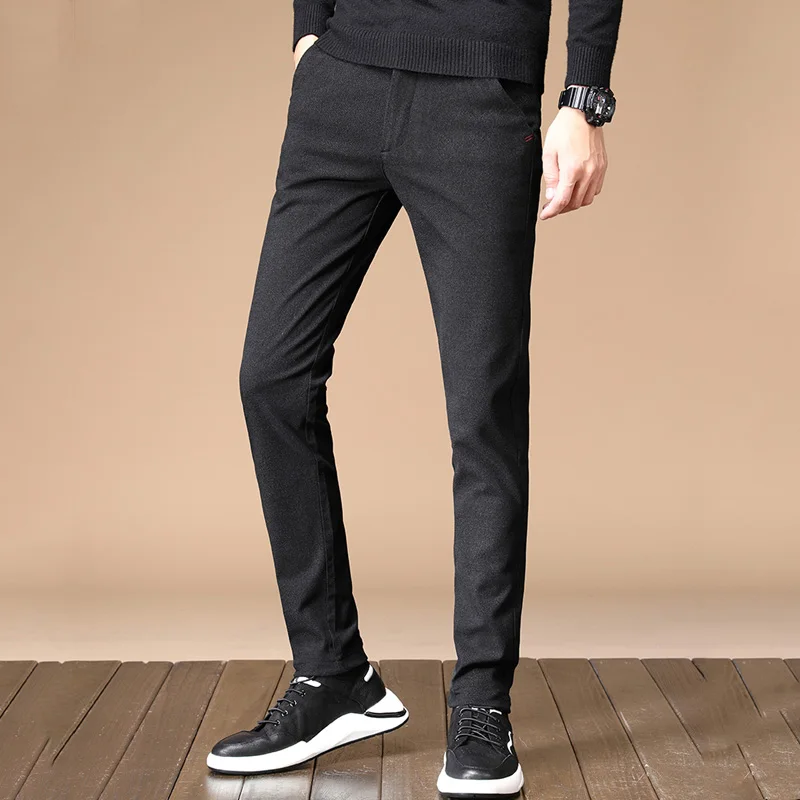 Осень Зима повседневные брюки новые мужские облегающие модные деловые стрейч плотные брюки мужские чисто Серые Черные синие брюки