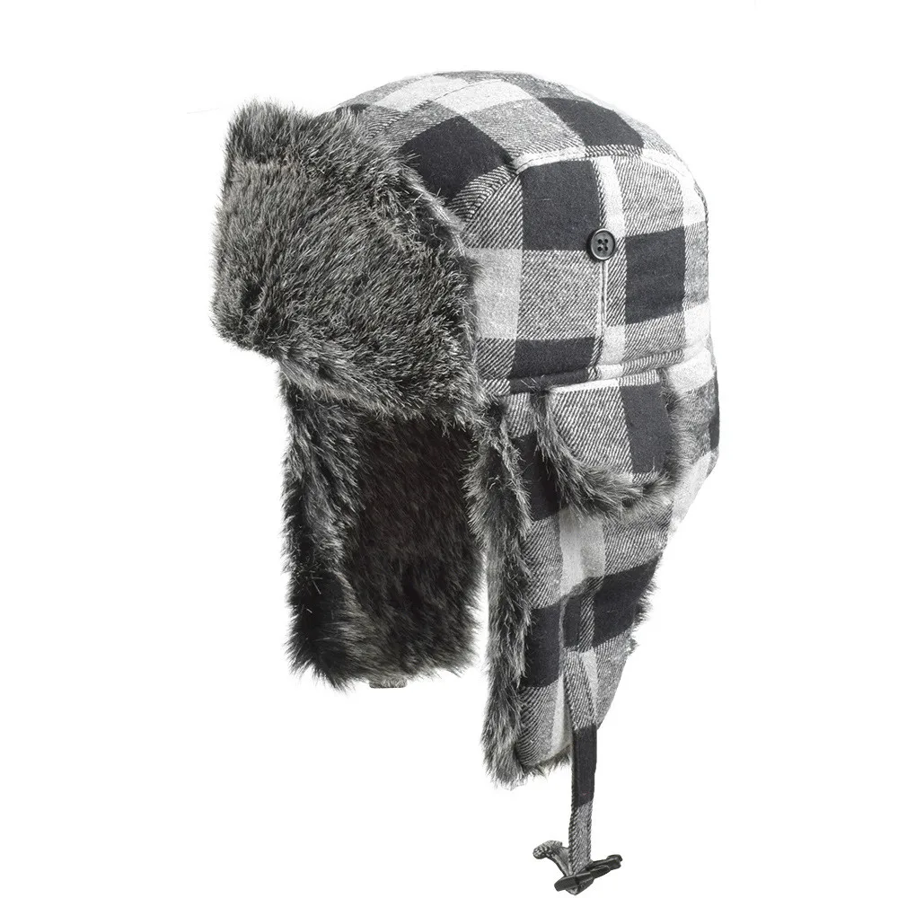 Style2 Black Новые зимние шапки на меху, красные теплые наушники, ветрозащитная Женская утолщенная Клетчатая Мужская шапка-бомбер, русская ушанка, Шапка черного и красного цвета - Цвет: Style2 Black