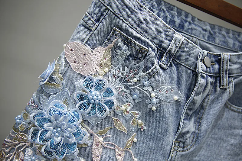 Рваные джинсовые шорты 3D Флористический с высокой талией джинсовые шорты женские 2019 вышитые джинсы с потертостями и дырками шорты женские
