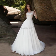 Шифоновые Свадебные платья трапециевидной формы Vestido De Noiva с короткими рукавами и круглым вырезом, с кружевной аппликацией, на молнии, свадебное платье со шлейфом