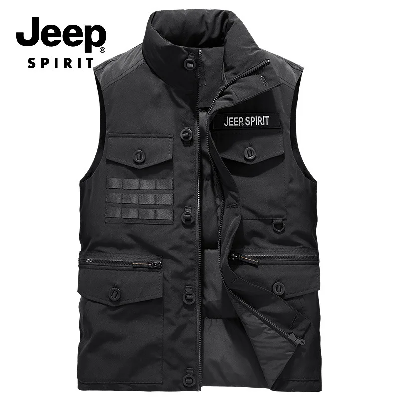 JEEP SPIRIT, известный бренд, зимний пуховый жилет для мужчин, без рукавов, пуховик для мужчин, однотонный, толстый, теплый, ветровка, жилет для мужчин - Цвет: Черный