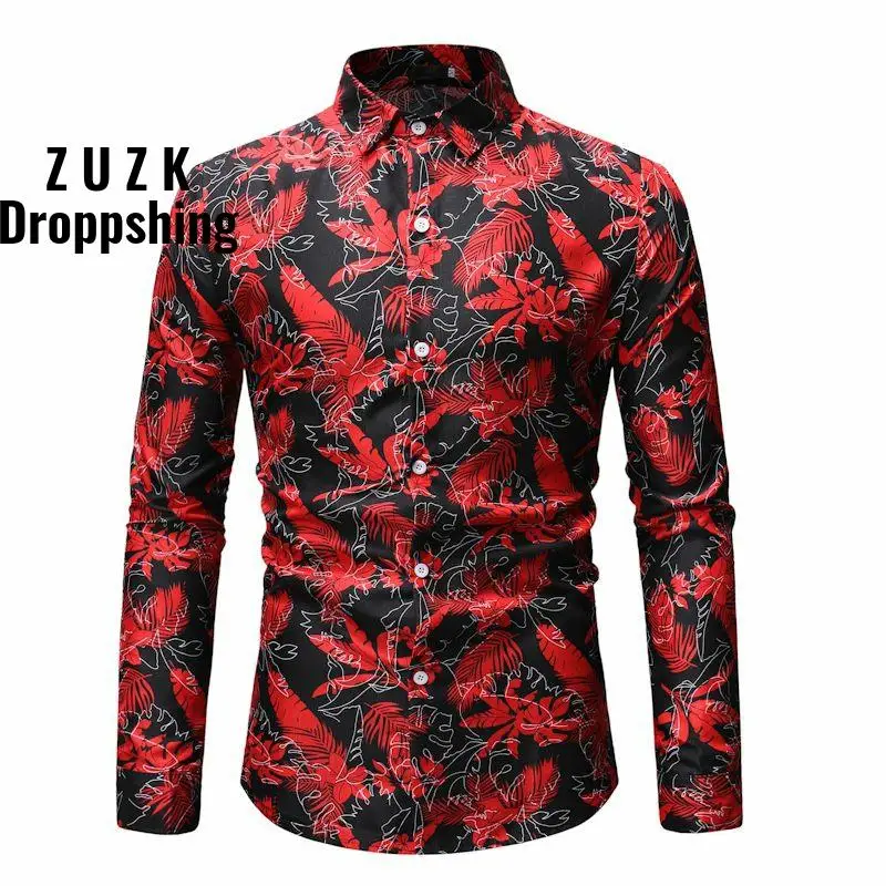Hawaiian Mens Shirts New Fashion Unique Print Camisas Hombre Long-sleeved Shirt Casual Flower Shirt Camisa Masculina