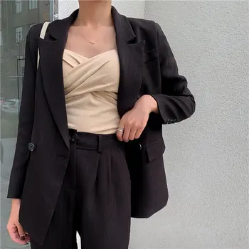 

HziriP Elegance Striped Formal Chic 2020 Women Streetwear OL Casual Blazers+Straight High Quality Slim Pants Suits 2 Piece Sets