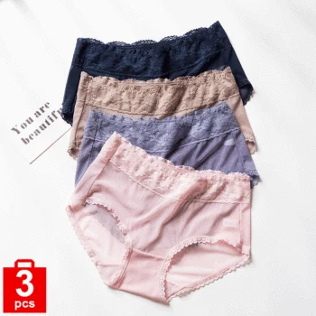 

Hollow mesh panties Sexy pantie Plus size underwear women High Quality Breathable Briefs Mid waist Lingerie 3 pieces in a pack