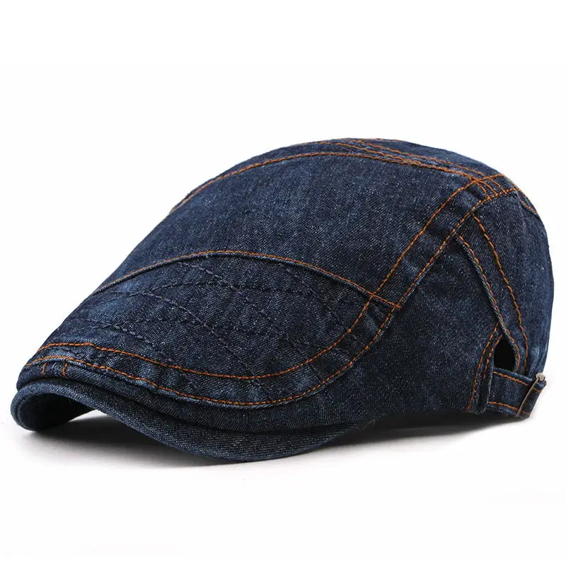 Dark Blue Wuaumx Новые повседневные мужские береты в западном стиле, шапки для женщин, кепки с узором в елочку, хлопковая джинсовая кепка газетчика, плоский плющ, шляпа - Цвет: Dark Blue
