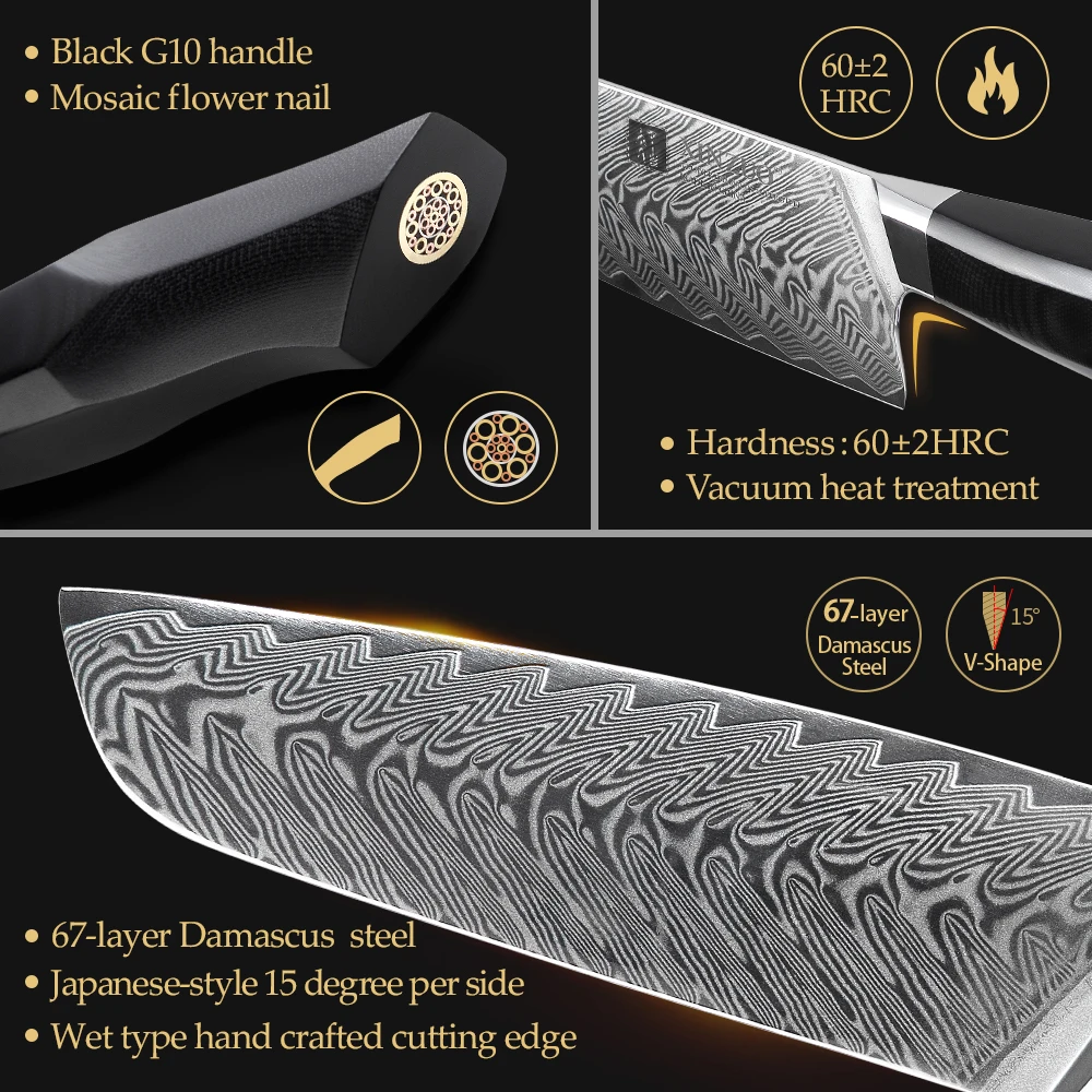 XINZUO 5 Pcs Kitchen Knife Set 67 layers Damascus Steel Santoku Cleaver Chef  Knives with G10 Handle Professional Chef's Tools