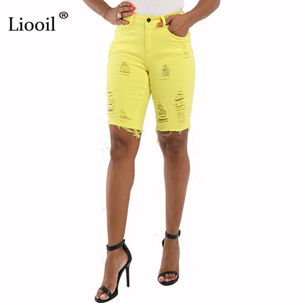 Liooil Sexy Skinny Denim Jeans Womens With Pockets Holes High Waist Knee Length Pants Bottoms Wash Distressed Jean Trousers