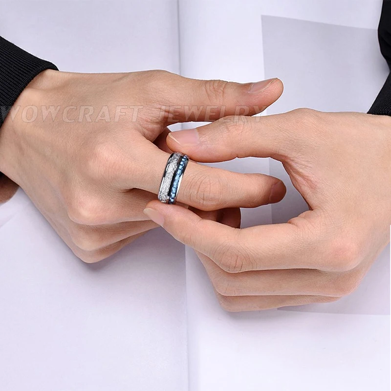 Кольцо из карбида вольфрама 8 мм для мужчин и женщин, обручальное кольцо, светильник, голубое углеродное волокно, метеорит, инкрустация, полированная, блестящая, удобная посадка